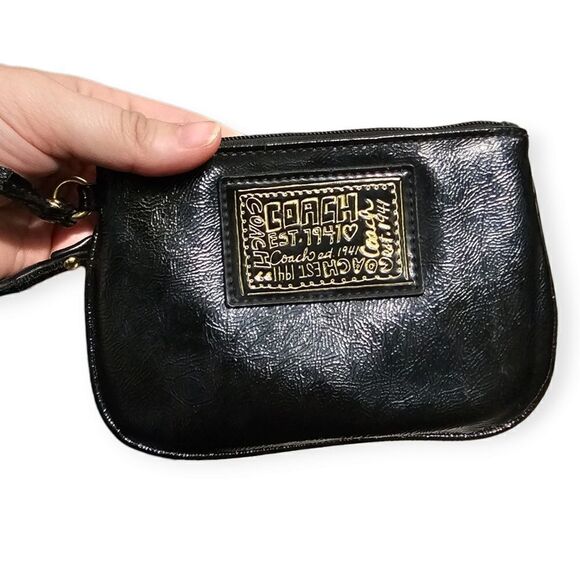 Coach Daisy Liquid Gloss Small Patent Leather Black & Gold Wristlet - Picture 10 of 11